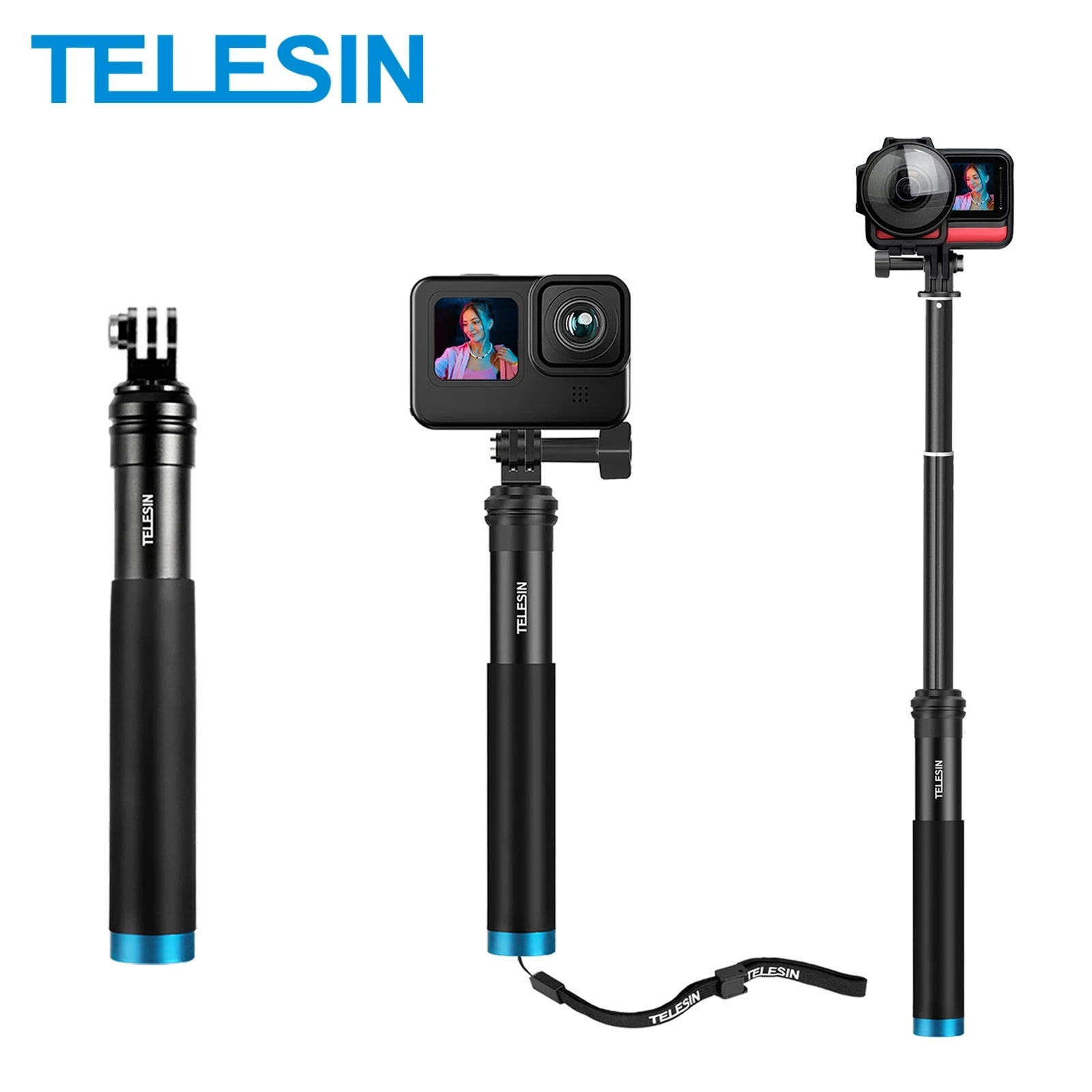 TELESIN Aluminum Alloy Extendable Handheld Selfie Stick Telescoping Pole for GoPro Hero 11 10 9 Insta360 DJI Action iPhone 14 13