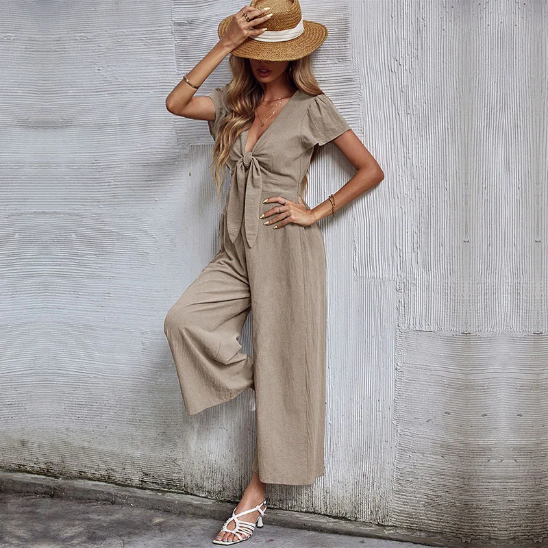 

2022 New Ladies Summer Fashion V-neck Jumpsuit Women Solid Color Front Tie Up Short Sleeve Siamese Trousers Wide Leg Ninth Pants