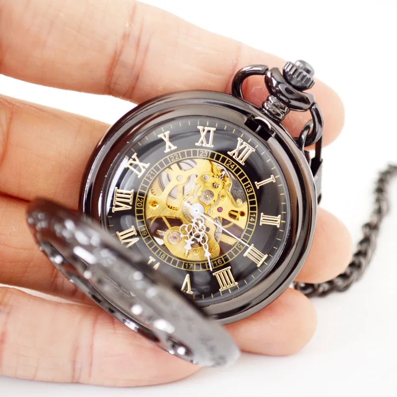 Luxury Steampunk Flower Mechanical Pocket Watch for Men Women Hollow Skeleton Case Roman Numerals Dial Fob Chain Pendant Clock