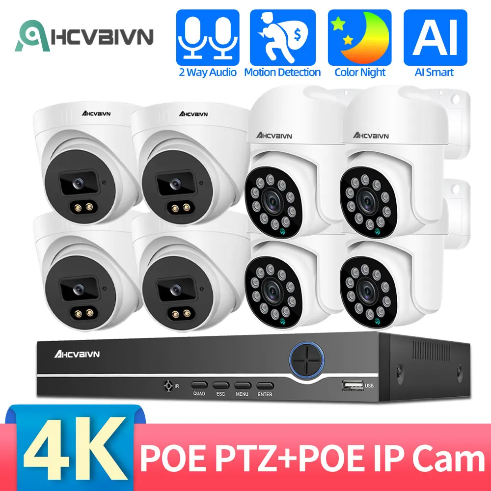 

Система видеонаблюдения, 8 каналов, 4K, POE, цветная камера ночного видения, 8 Мп, умная Двухсторонняя аудиосвязь, комплект для домашней безопас...