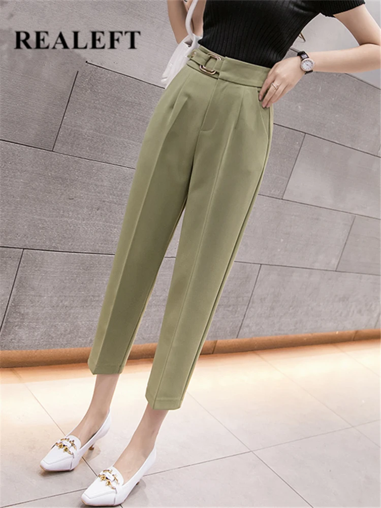 

REALEFT Spring Summer 2022 New Korean OL Style Women's Formal Harem Pants Pockets High Waist Office Lady Ankle-Length Pants
