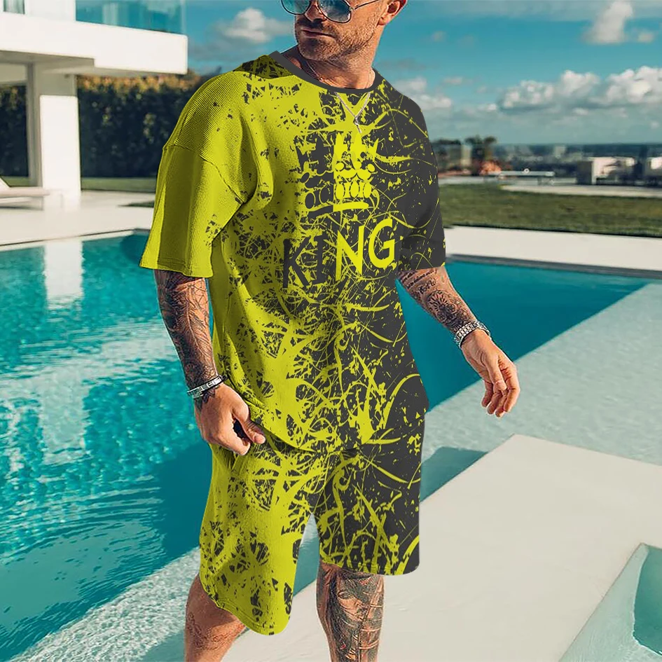 

Short Sleeve Two Piece 2023 Summer Men's Casual Beach Shorts Set 3D Printed Blue Ray Fragment Round Neck Men's Shirt