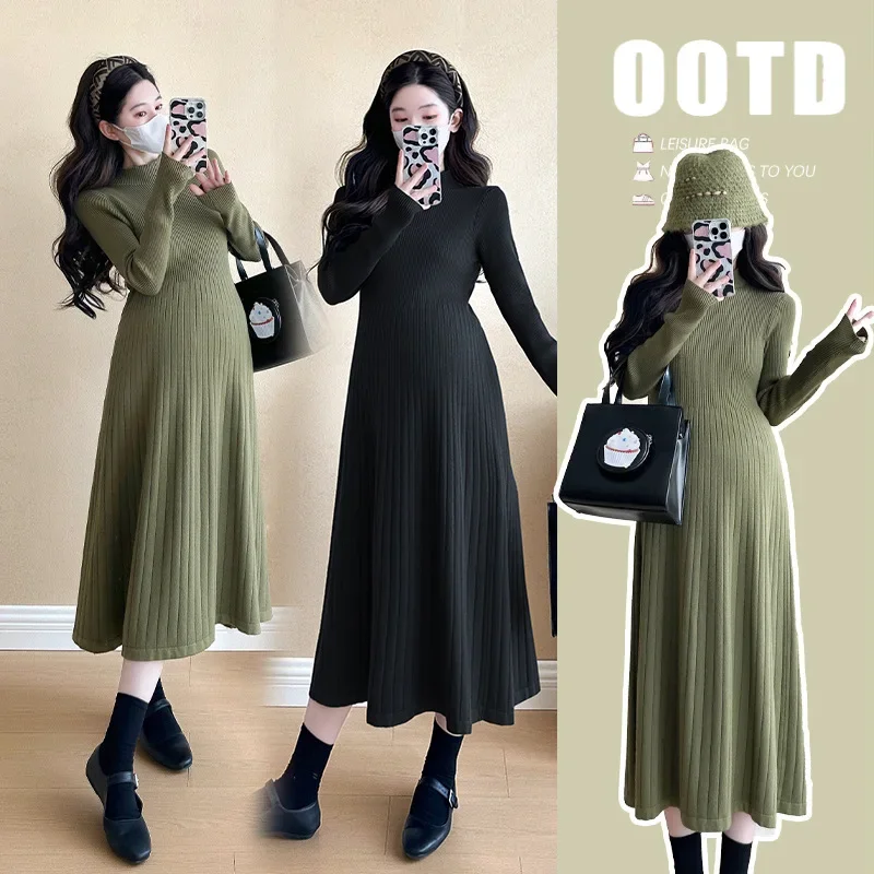 Модное утягивающее вязаное платье для беременных 2024 новый стиль средней длины