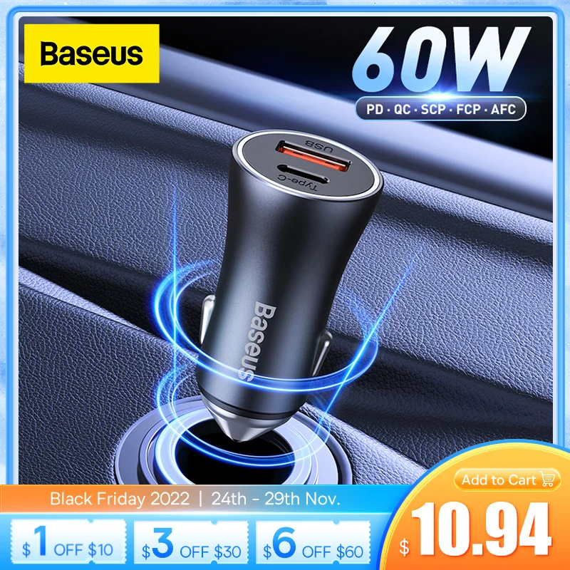 

Baseus Car Charger 60W Fast Charging Dual Port USB Type-C Phone Charge Car Lighter Slot Charger For iPhone Xiaomi Huawei Samsung