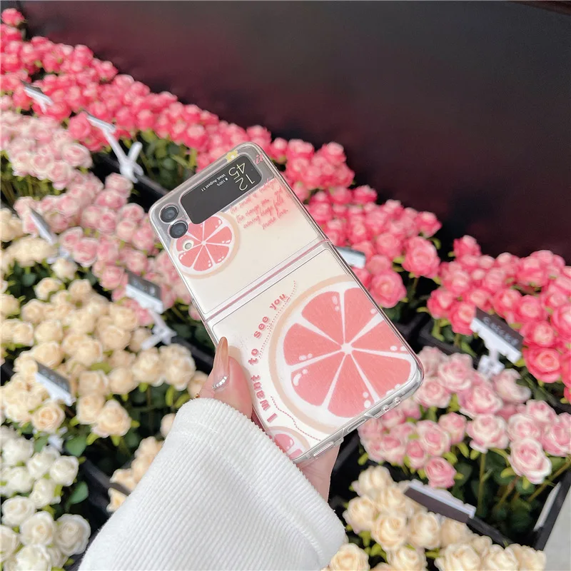 Fresh Style Grapefruit Transparent Phone Case for Samsung Galaxy Z Flip 4 3 Hard Cover for ZFlip3 Zflip4 Solid Shell Bracket