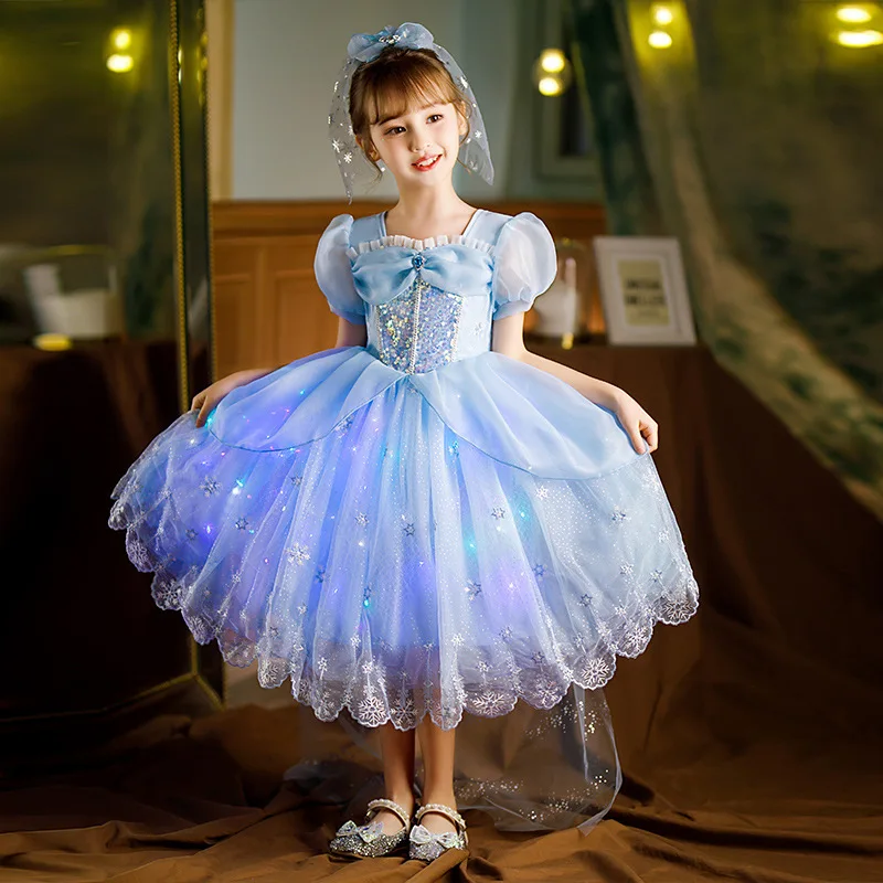 

2023 Princess Party Dress for Baby Girls Kids Elegant Sequins Beading Tulle Ball Gown Children Birthday Dresses with Hair Clip