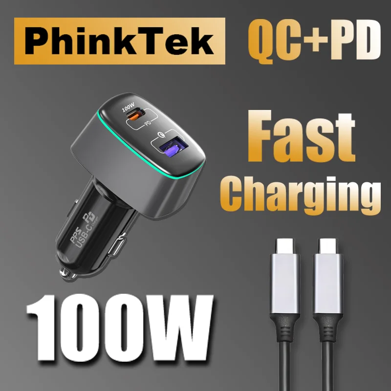 

PhinkTek 100W Fast Charge Car Charger 2Port Type C PD3.0 USB QC3.0 With 5A Type C Cable Compatible iPhone Samsung MacBook Laptop