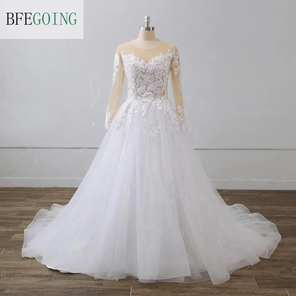 

White Wedding Gowns Chapel Train Custom Made A-Line Floor-Length Long Sleeves Lace Appliques Tulle Bridal Dresses