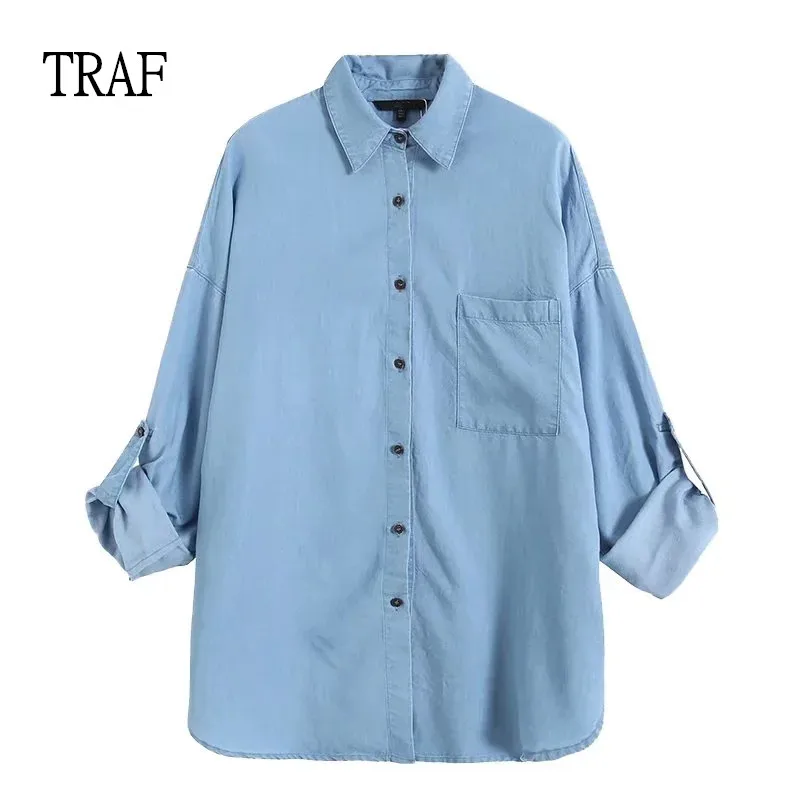 

TRAF Women Blouses 2022 Fashion Office Lady Elegant Tencel Shirts Female Long Sleeve Top Chic Button Pocket Casual Shirt
