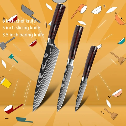 Набор кухонных ножей шеф-повара из нержавеющей стали с лазерным узором из дамасской стали