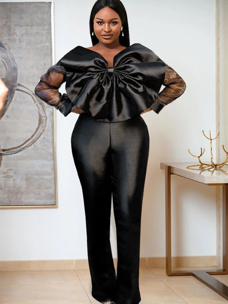 

AOMEI Overalls Big Size Black Party Jumpsuit Women Big Bow Evening Rompers Long Mesh Sleeve One Piece Outfits 2023 Fall African