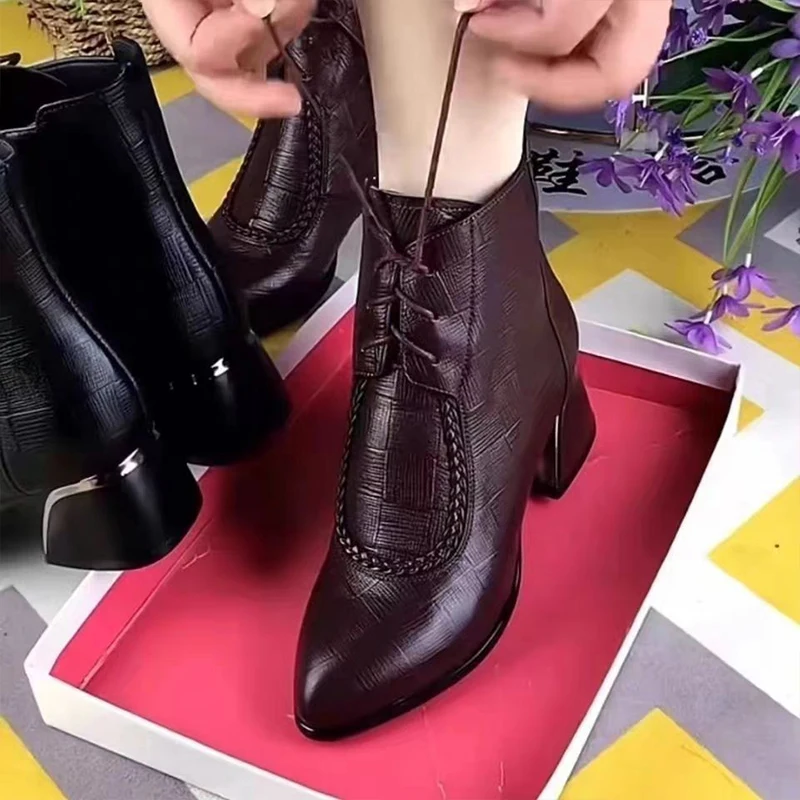 

Women's Ankle Boots 2022 Pointed Toe Retro Zipper Chunky Heel Pu Leather Ethnic High Heel Boots Female Casual Platform Shoes New