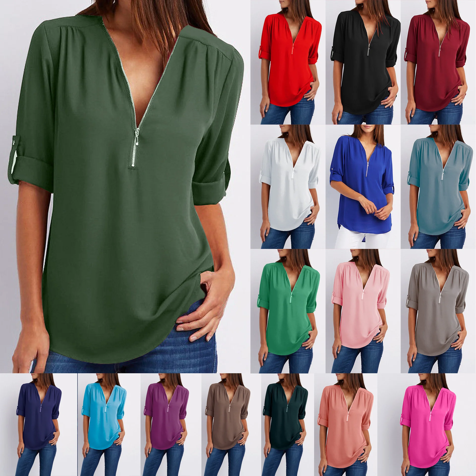 

S-5XL Ladies Loose Chiffon Shirt Multi Colors V-Neck Zipper Long-Sleeved Casual Basic White Black Blouse Shirt Tops Plus Size