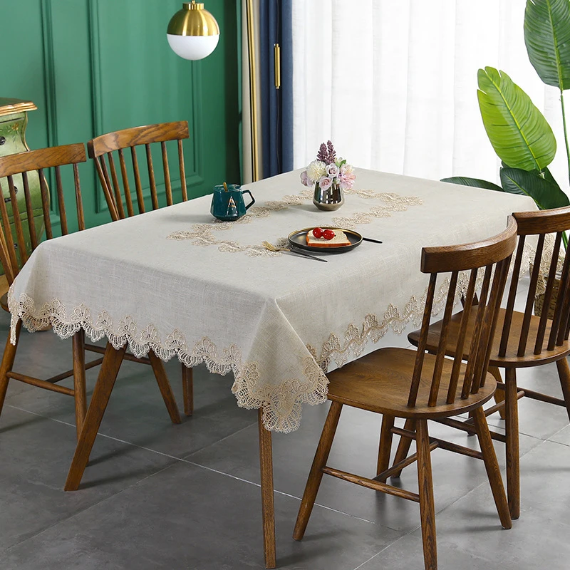 

Кружевная скатерть с вышивкой, классические прямоугольные льняные скатерти из полиэстера, кухонные столовые аксессуары, праздничный домашний декор, элегантный бежевый