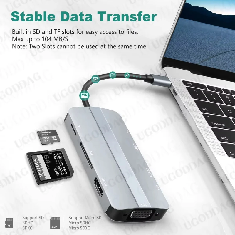 Док-станция-концентратор 8 в 1 USB C типа к адаптеру 4K HDTV OTG с VGA Thunderbolt 3 PD USB3.0 SD/TF 5 мм