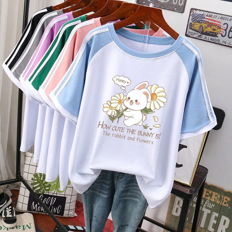 

DAYIFUN 100% Cotton Plus Size T Shirt L-4XL Tshirt Short Sleeve Women Summer Cartoon Print Patchwork O Neck Oversized T Shirts