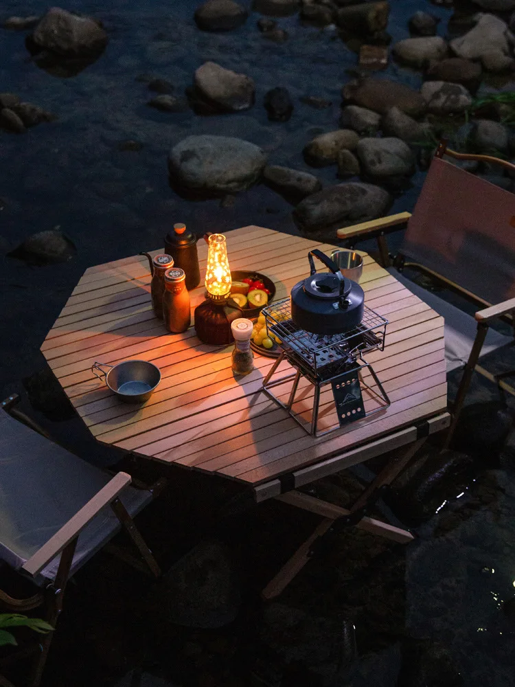 

Aoliviya Sh New Spot Octagonal Egg Roll Table Outdoor Folding Tables and Chairs Set Portable Camping Solid Wood Barbecue Folding