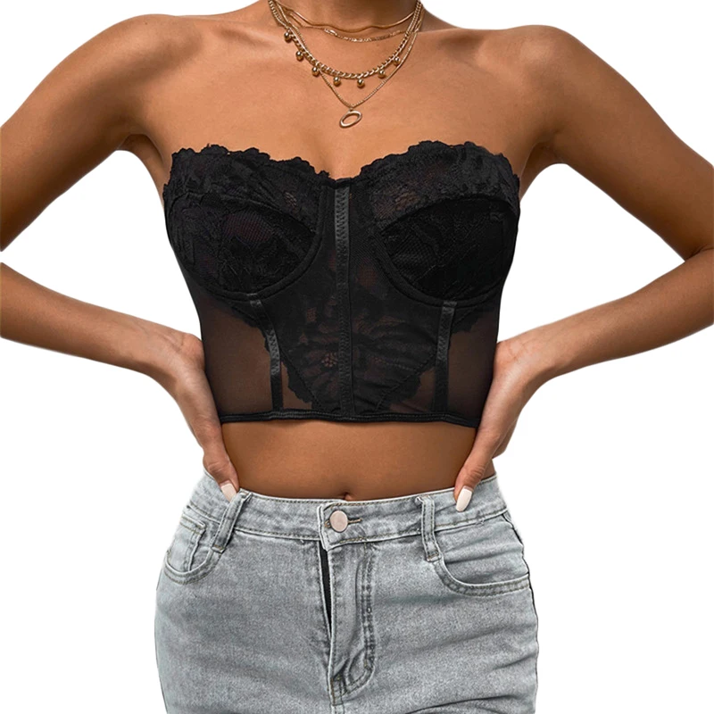 Женский Короткий кружевной топ-бандо без бретелек с цветочным кружевом летний