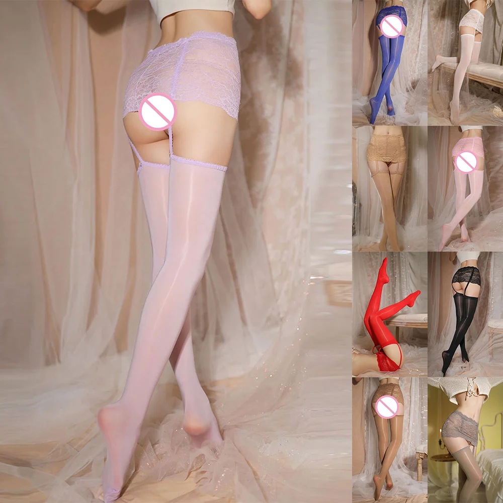 Women Oil Shiny Glossy Panties Lace Stockings Garter Belt Open Butt Knickers Stay Up Thigh-High Hosiery Hot Girl Nightwear