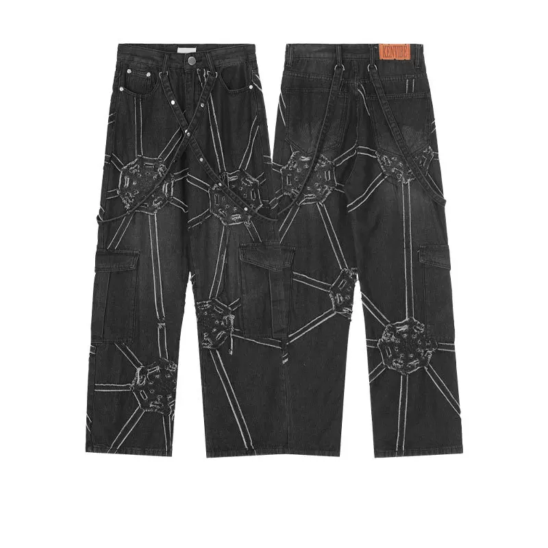 Men's 2023 Spring New American High Street Personality Ribbon Splice Spider Web Pattern Hip Hop Workwear Jeans