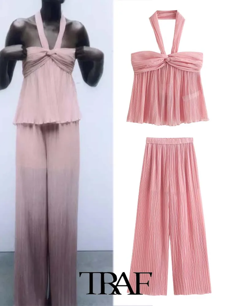 

TRAF 2023 Woman 2 Piece Set Fashion Shirt Suit Small Pleated Hanging Neck Top+Pleats Wide Leg Pants Causal Outfits
