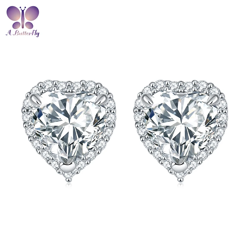 

AButterfly 100% 925 Sterling Silver Heart Shaped Simulated Diamond Halo Stud Earrings Women Gifts Fine Jewelry Wholesale