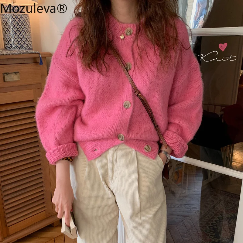 

Mozuleva 2021 Autumn South Korea Chic Single-breasted Sweater Coat Computer Knitted High Street Women Winter Pink Cardigan