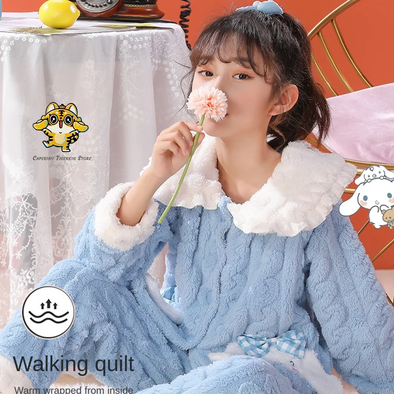

Пижама Sanrio Kuromi Melody Pachacco Cinnamoroll Kawaii для девочек, мультяшная фланелевая одежда для сна, детская зимняя утепленная домашняя одежда