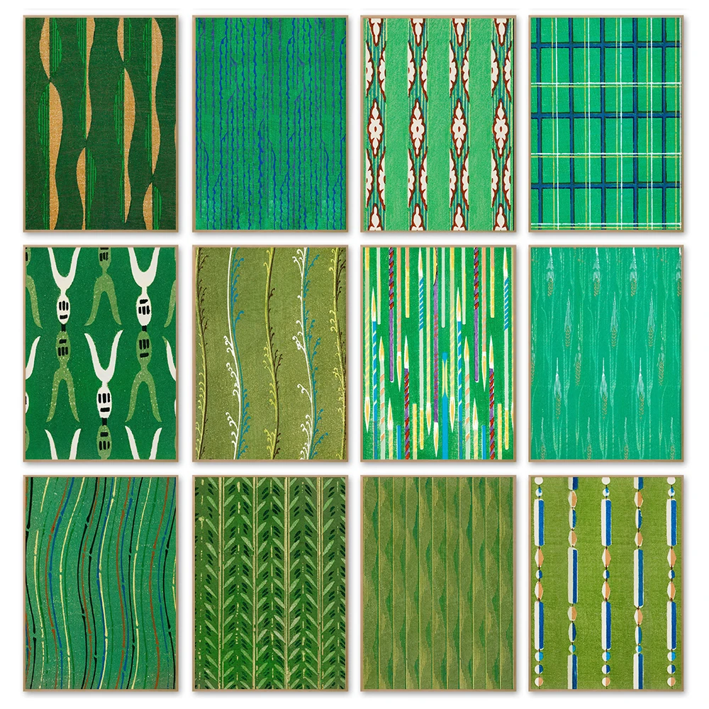 

Green Style Art Print Abstract Japanese Textile Pattern Poster Vintage Line Canvas Painting Wall Picture Living Room Home Decor