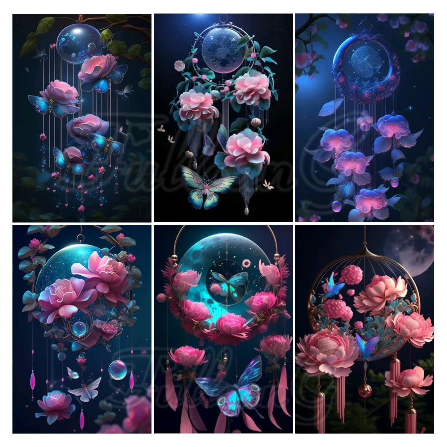 

Pink Flower Wind Chime Butterfly Diy Diamond Arts Painting New Collection 2023 Animal Peony Full Beads for Needlework AA4457
