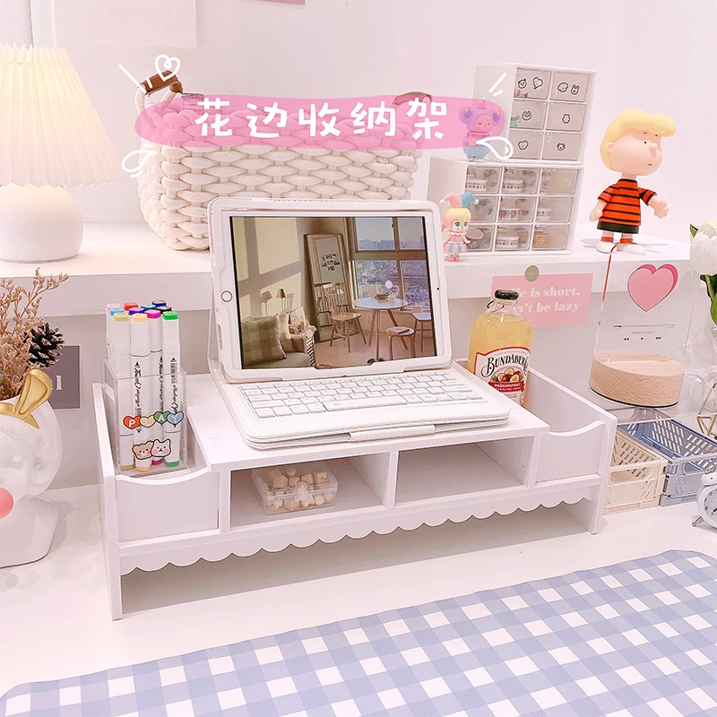 Ins Lace Desktop Storage Rack Notebook Monitor Increased Rack Student Dormitory Computer Desk Keyboard Rack Home Office Storage
