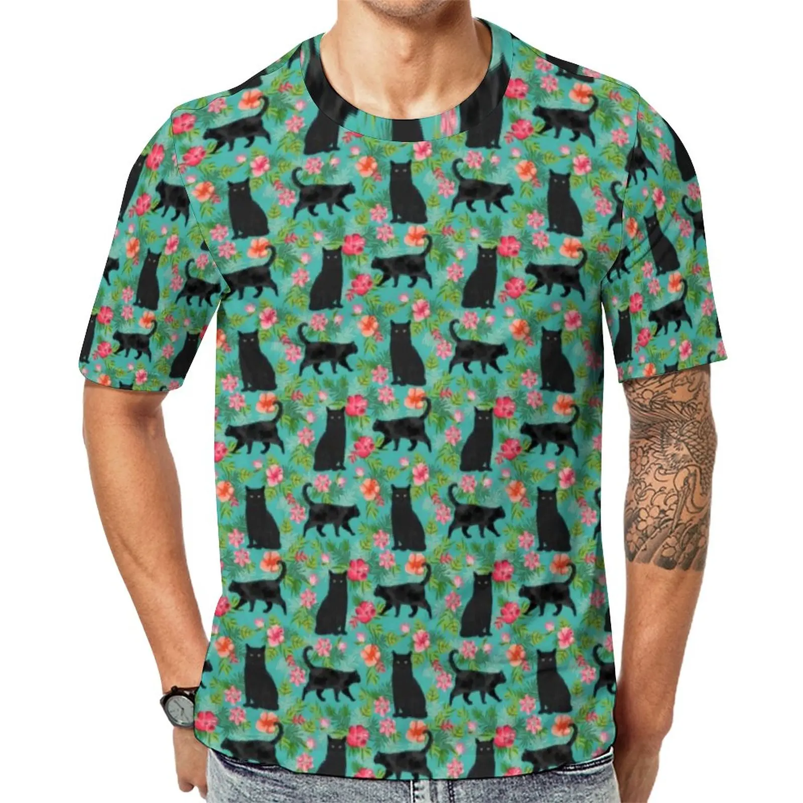 

Black Cat T-Shirt Hawaiian Print Funny T Shirts O Neck Cool Tshirt Summer Mens Design Tops Plus Size 5XL 6XL