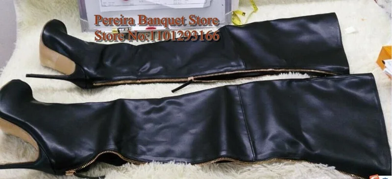 Fashion Black Leather Open Toe Thigh High Boots Back Zipper Stiletto Heels Women Long Boots Size 43 Club Party Shoes