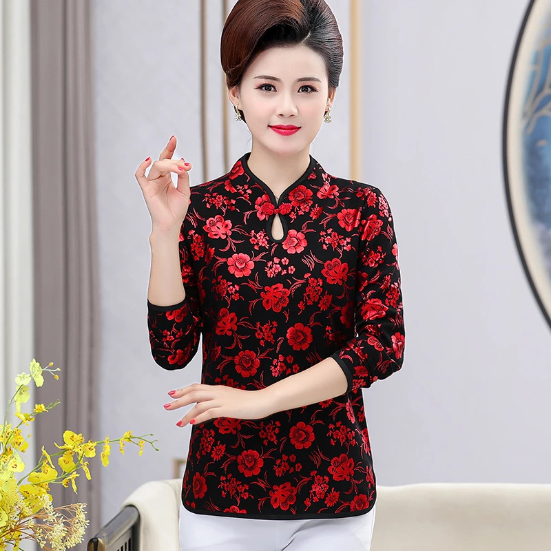

Autumn Long Sleeve T-shirt Women Tee Retro cheongsam collar bronzing Jacquard Tshirts For Women Top Shir