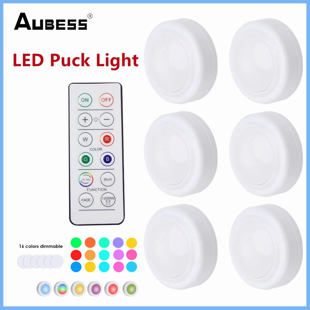 

RGBW 16 Colors LED Puck Light Under Cabinet Light Dimmable Push Control LED Lamp For Cupboard Wardrobe Stair Hallway Night Lamp