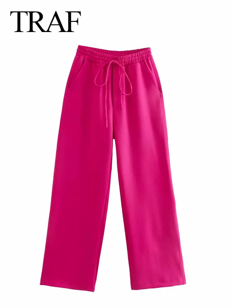 

TRAF 2022 New Casual Trousers Solid High Waist Elastic Drawstring Straight Pants Pockets Comfortable Fashion Women's Clothing