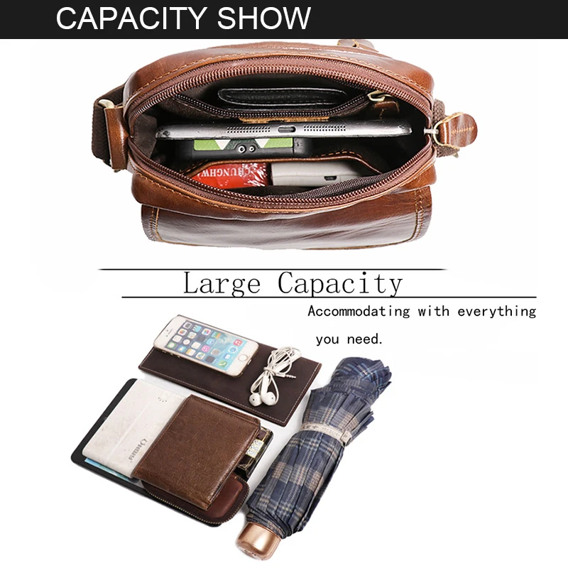 Vintage Men's Leather Simple Zipper shoulder bag Small Crossbody bag Messenger Bag