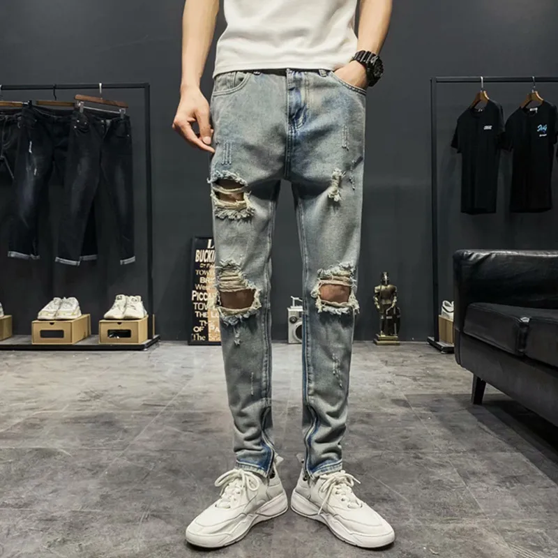 

High Street National Pants 2022 Fashion Teenagers Scratched Beggar Slim Feet Ripped Jeans Men Brand Cowboy Pencil Pants