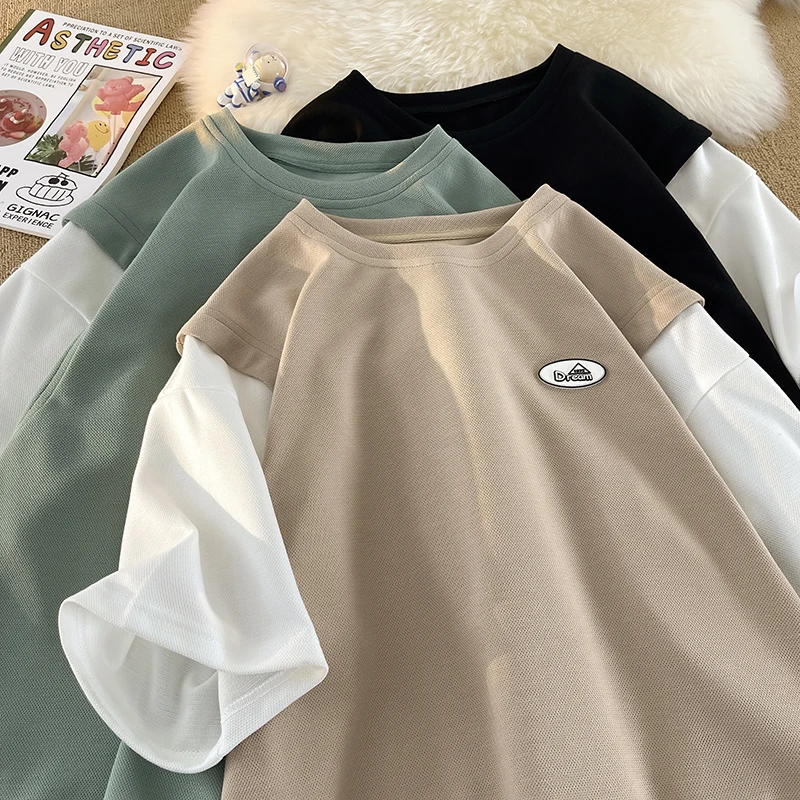 

Patchwork Half Sleeves T-shirt For Men Oversized Casual Tshirts Harajuku Couple Tees College Style Clothing New Tops