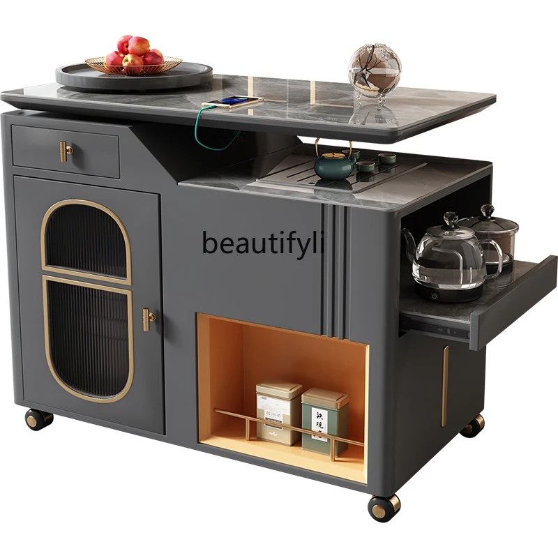 

Mobile Rotating Home Small Tea Trolley Light Luxury Modern Balcony Office Kung Fu Tea Brewing Table and Chair Combination