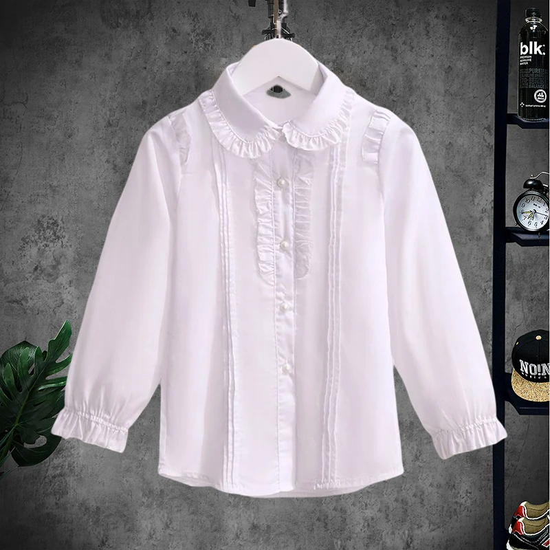 

Cotton Baby Girls Blouses Spring Autumn Long Sleeve Kids White Shirts for Children Clothes Leisure Teens Tops 6 8 10 12 Years