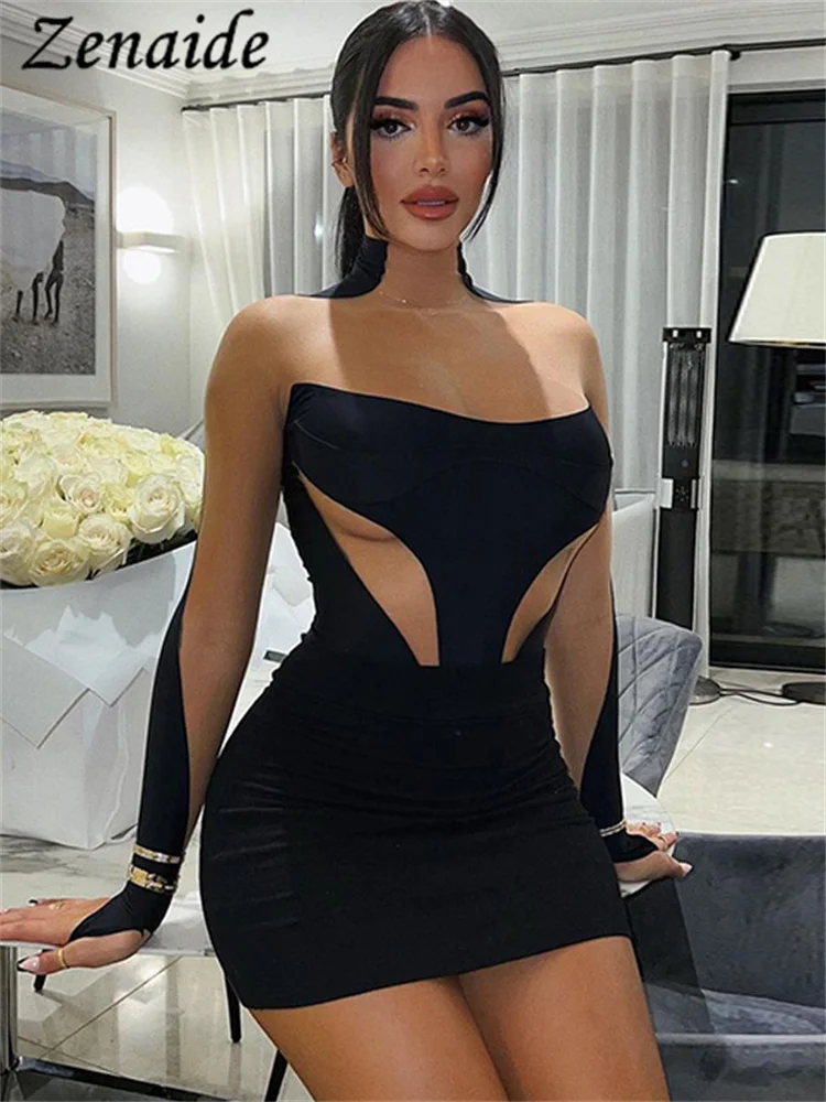 

Осенне-зимнее Сетчатое Прозрачное платье Zenaide, облегающее мини-платье с длинным рукавом, вечерние наряды для вечеринки и клуба