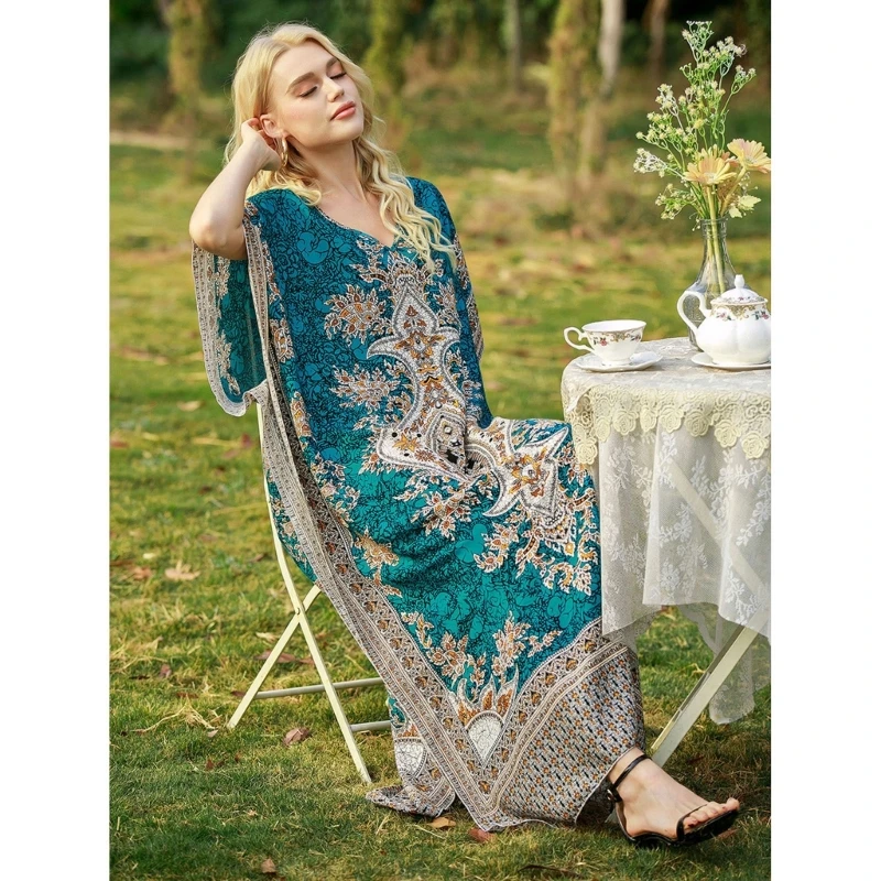 

Colorful Floral Print Beach Cover Up for Women Kaftan Bathing Suit Maxi Dress MXMA