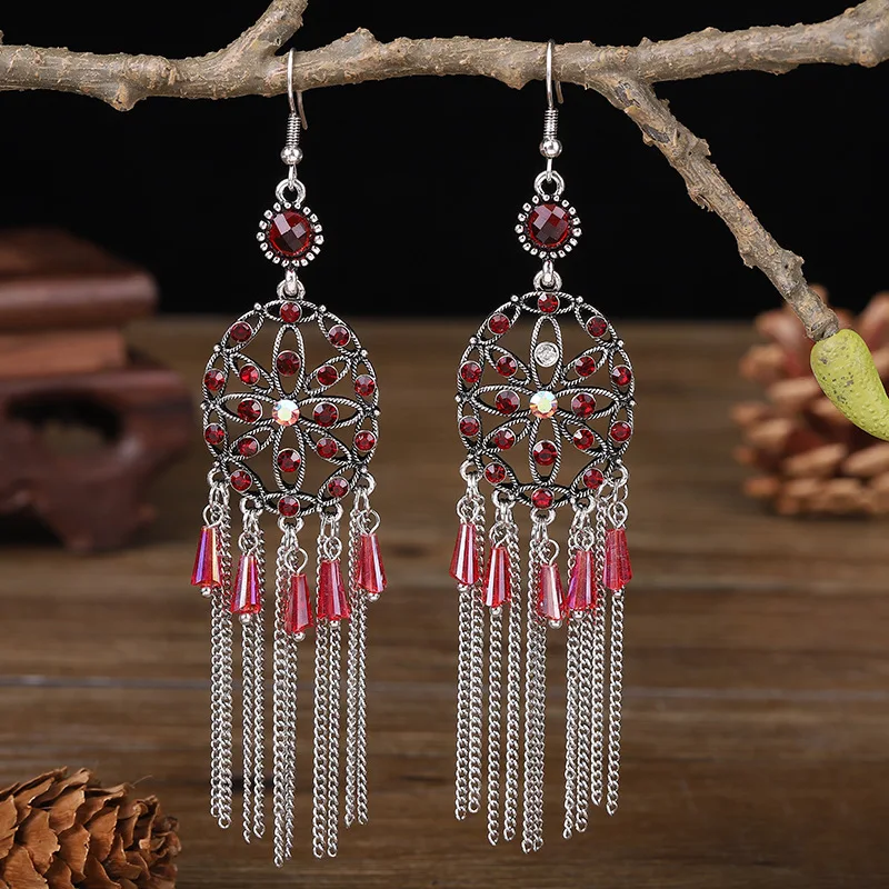 

Women's Hanging Earrings Elegant Round Flowers Crystal Long Chain Tassel Pendent Trend Vintage Style Punk Jewelry Women Earring