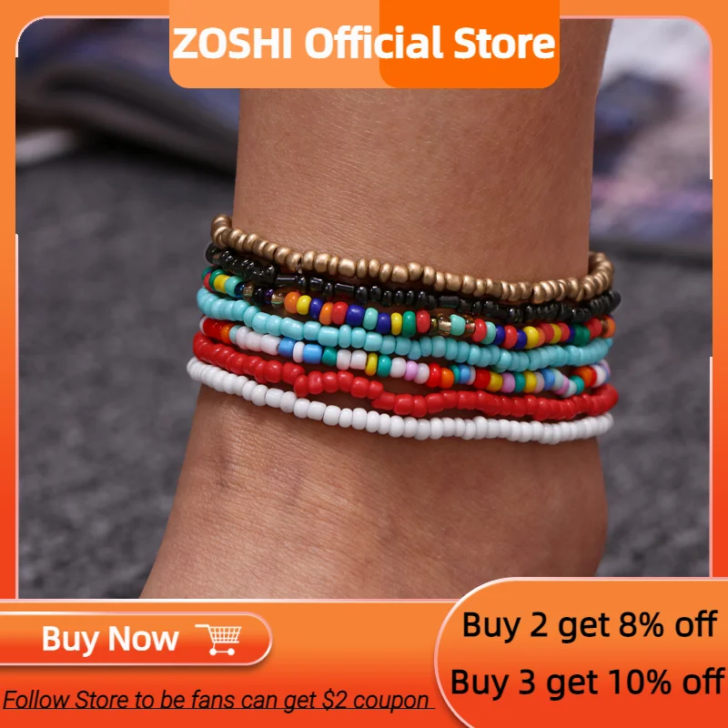 ZOSHI 7pcs/Set New Handmade Beaded Anklet Bracelets Rainbow Color Elastic Ankle Bracelet On The Leg Foot Beach Jewelry - купить по