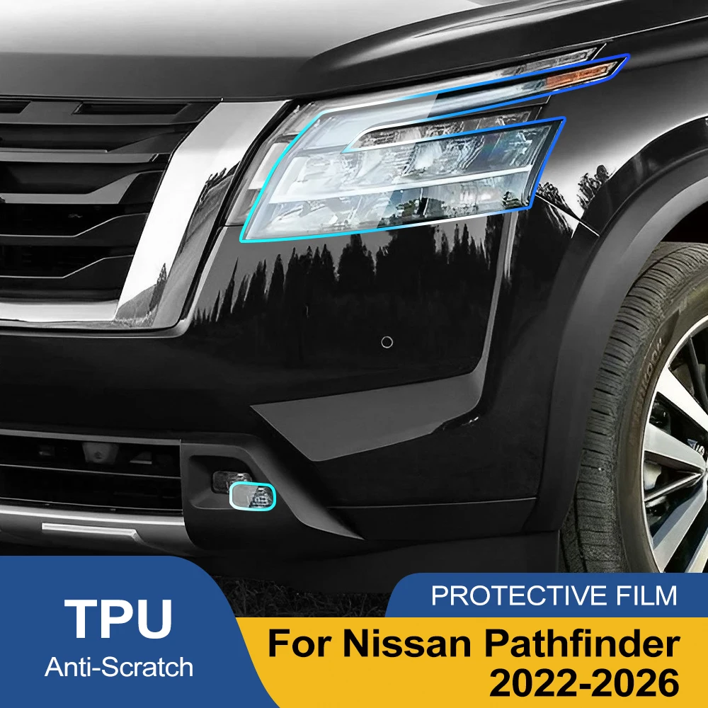 Фото Защитная пленка из ТПУ для фар Nissan Pathfinder 2022-2026, предварительно вырезанная, дымчато-черная, глянцевая, антицарапийная, виниловая пленка, комплект для оклейки. №2