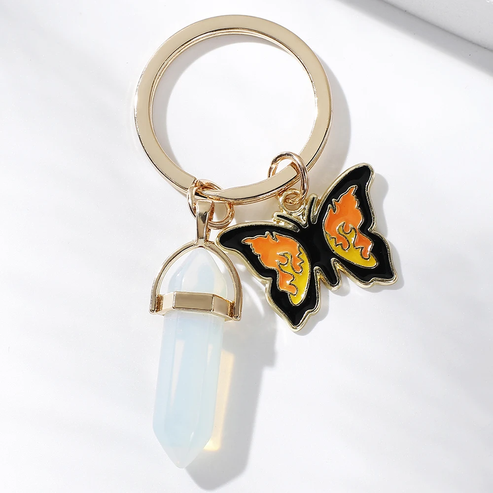 

ArtiLady Key Rings Crystal Stone Keychain Reiki Hexagonal Gemstone Healing Key Chain Butterfly Pendant Wedding Gifts for Guests