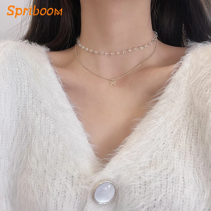 

Crystal Butterfly Choker Necklace Double Layered Female Clavicle Chains Women's Necklaces Luxury Engagement Party Jewelry Gifts