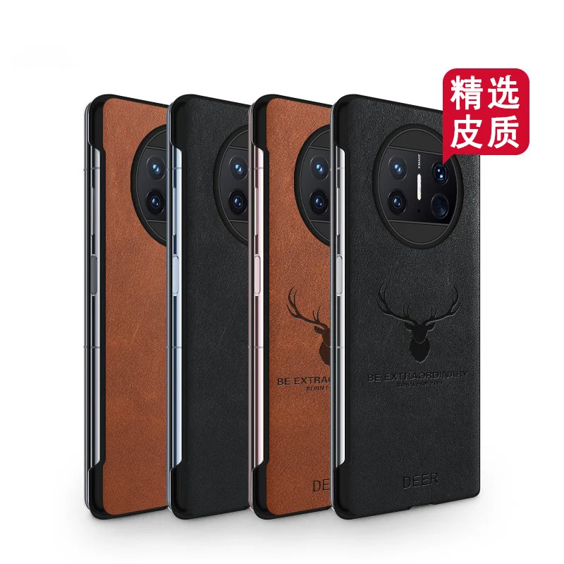 

Retro Genuine Leather Funda Phone Case For Huawei Mate X3 X2 Vintage Classic Elk Deer Head Pattern Protective Armor Fold Cover