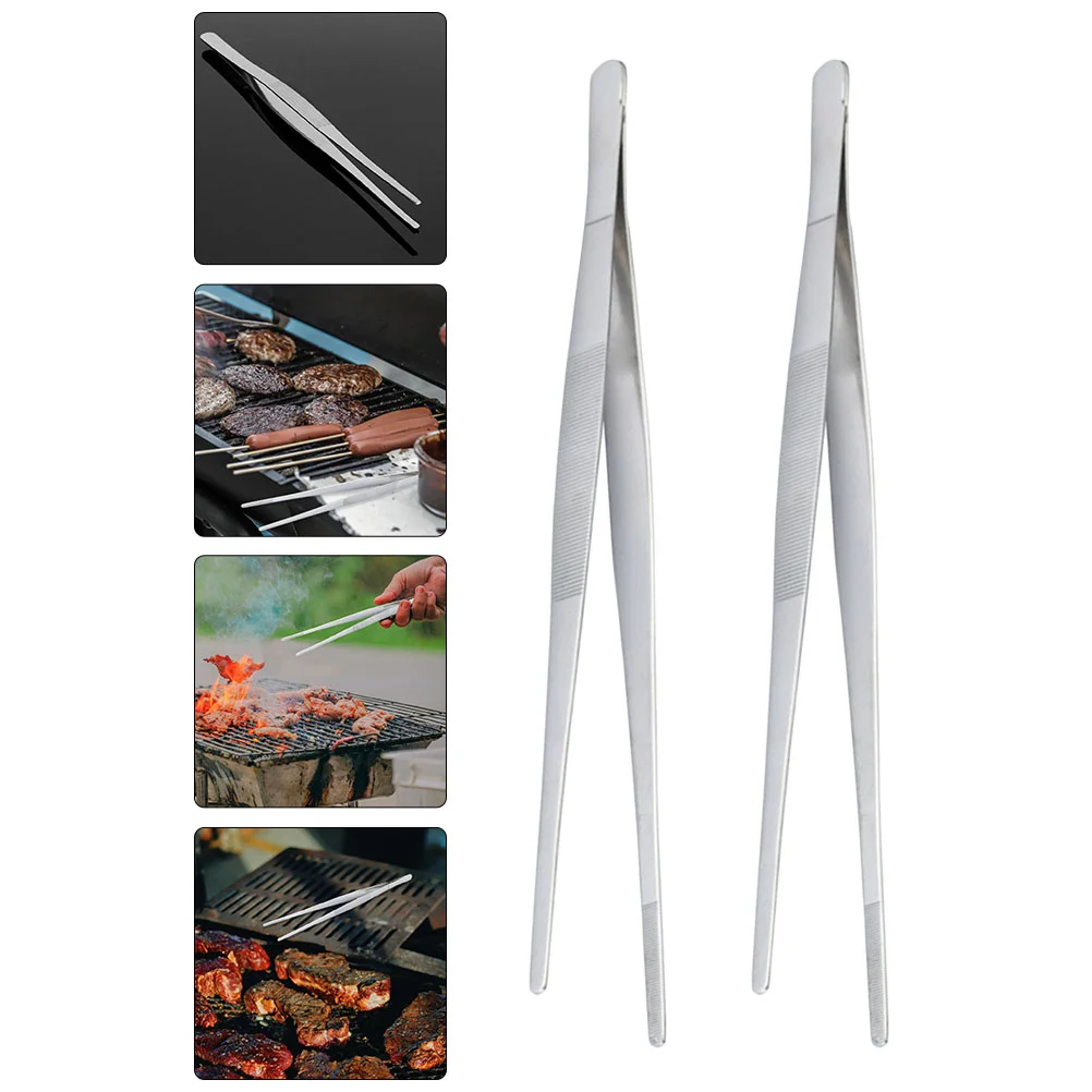 

2Pcs Stainless Steel BBQ Tweezers Practical Food Tongs Rustproof Food Clips